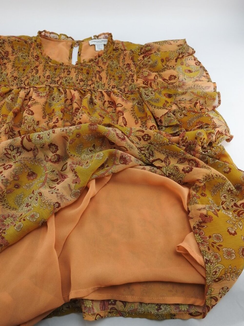Carolina Belle Montreal Floral Smocked Flutter Sleeve Blouse XL Boho Top Orange - Picture 6 of 8